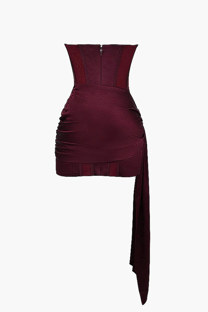Burgundy Draped Strapless Dress for Women