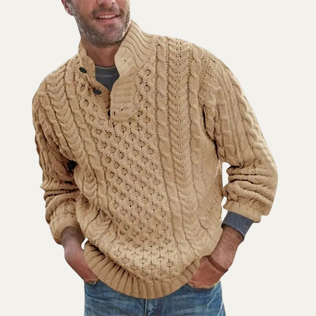 Men's Cable Knit Jumper with Button Neck