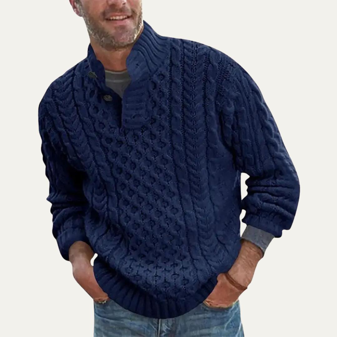 Men's Cable Knit Jumper with Button Neck