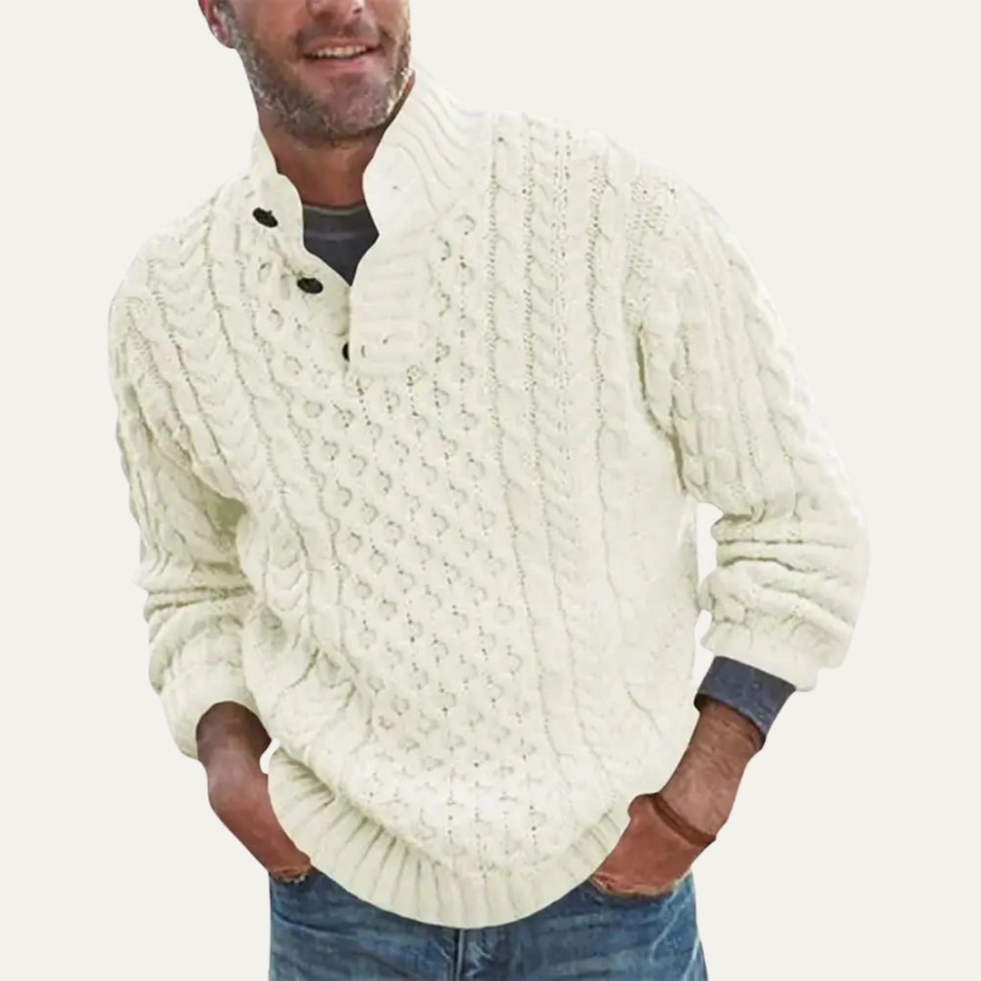 Men's Cable Knit Jumper with Button Neck