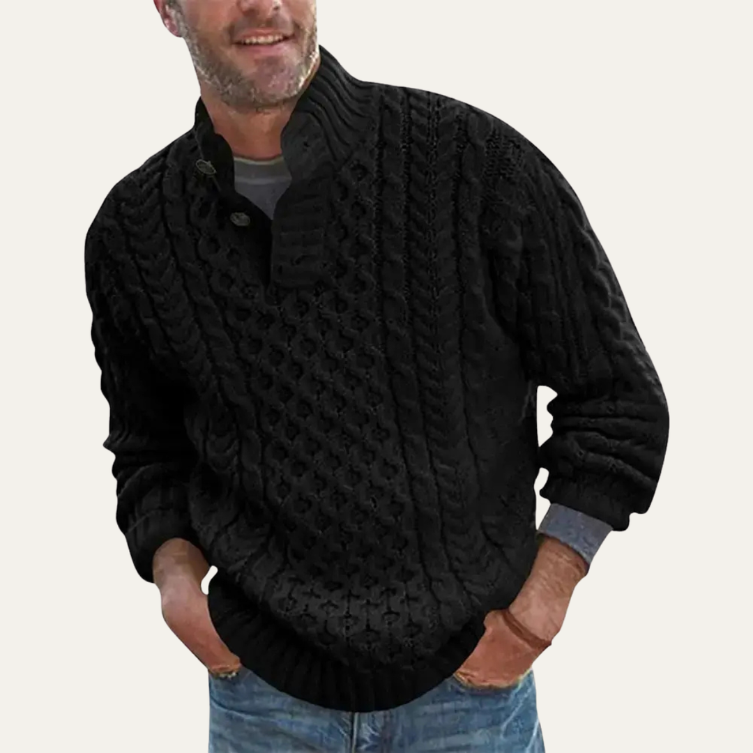 Men's Cable Knit Jumper with Button Neck
