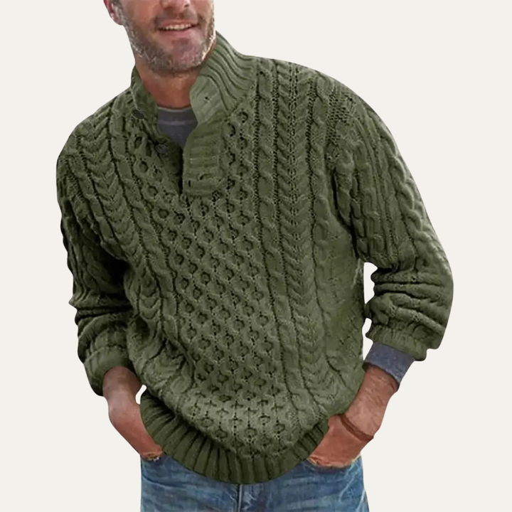 Men's Cable Knit Jumper with Button Neck