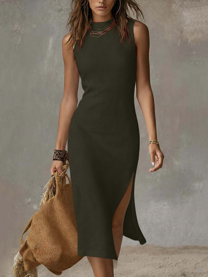 Women's Cotton Linen Midi Dress Stand Collar Split Hem