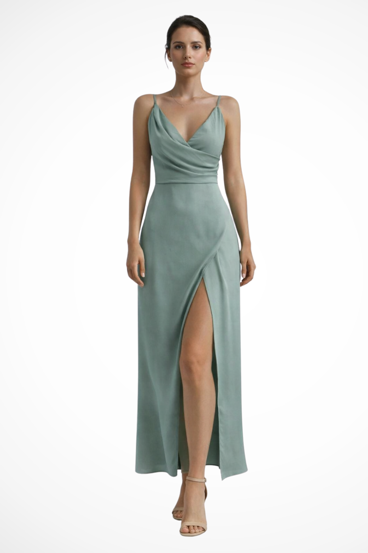 Elegant Women's Wedding Guest Slit Maxi Dress with Draped Bodice
