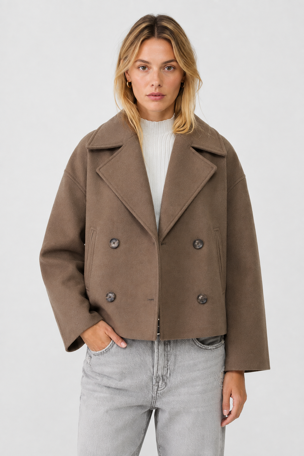 Women's Short Wool Pea Coat – Brown