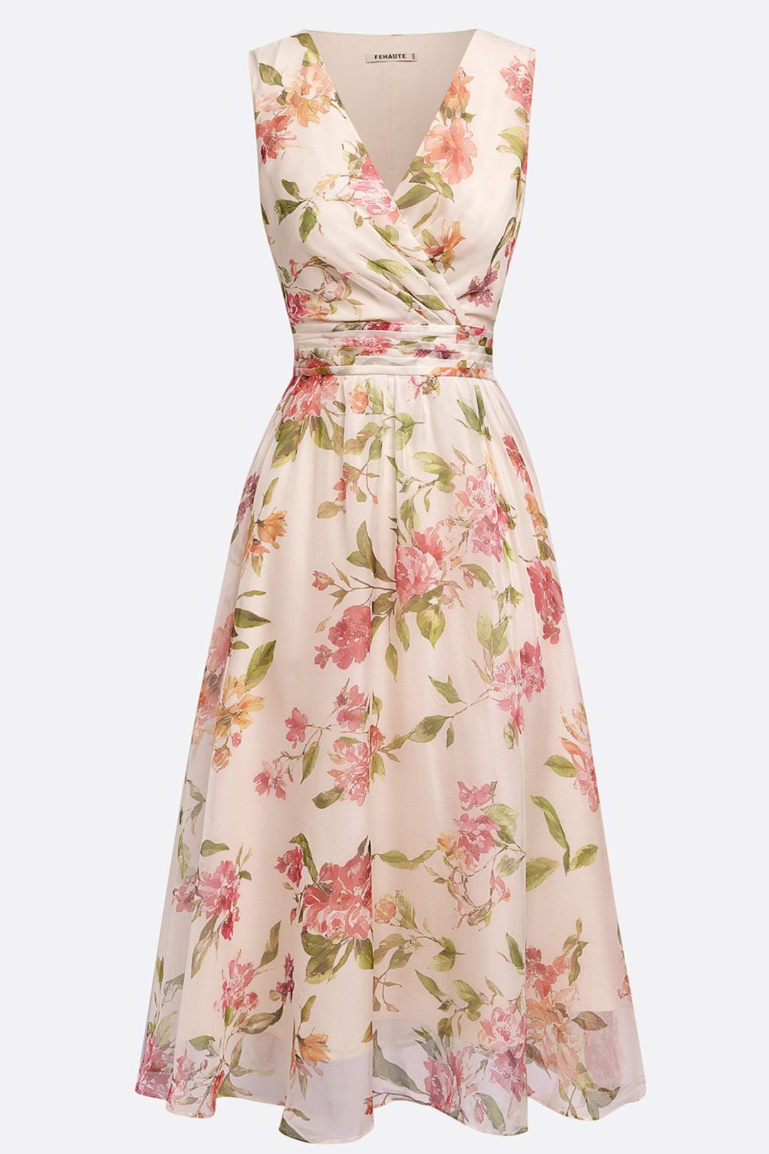 Soft Beige Floral Chiffon Midi Dress with Ruched V Neck