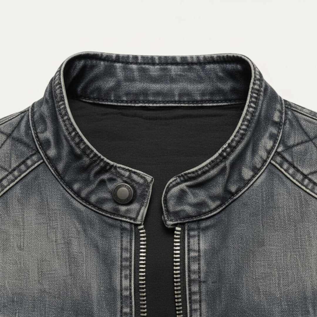 Men's Denim Jacket with Zip Front and Collar