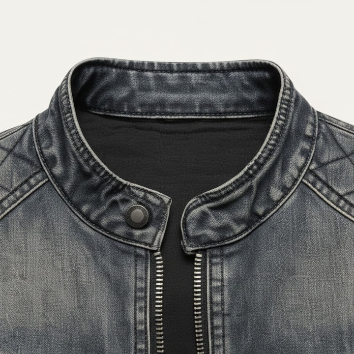 Men's Denim Jacket with Zip Front and Collar
