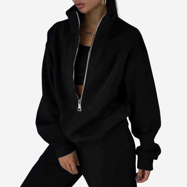 Women's Fleece Long Sleeve Two-Piece Set with Pockets and a Zip – Black
