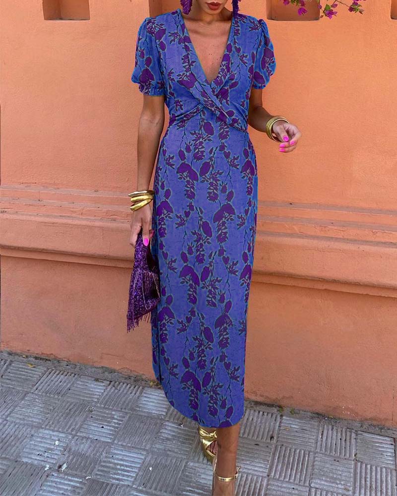 Women's Floral Midi Dress with Puff Sleeves and Draped Waist