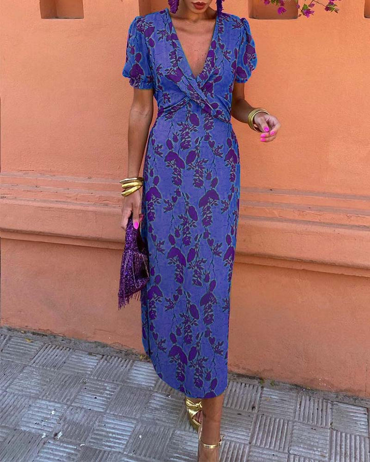 Women's Floral Midi Dress with Puff Sleeves and Draped Waist