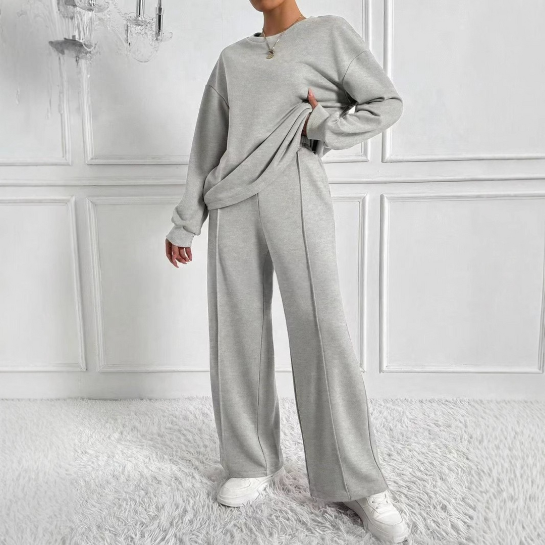Women's High-Waisted Long Sleeve Two-Piece Set – Light Grey