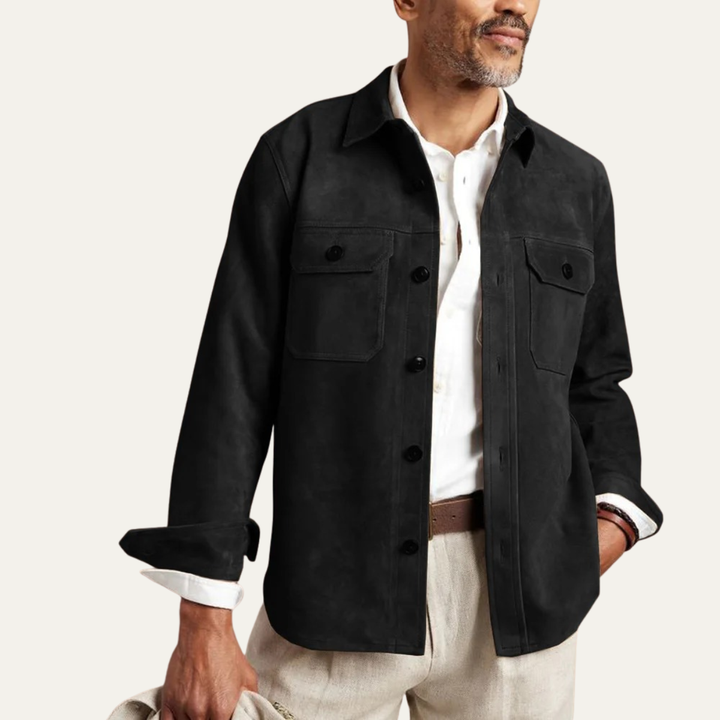 Men's Suede Overshirt with Button Front and Chest Pockets