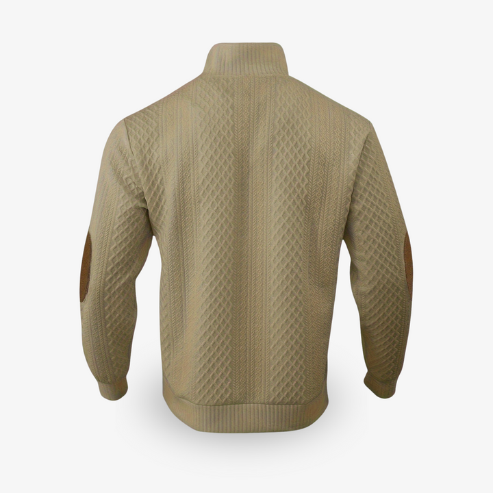 Beige cable knit sweater with leather elbow patches