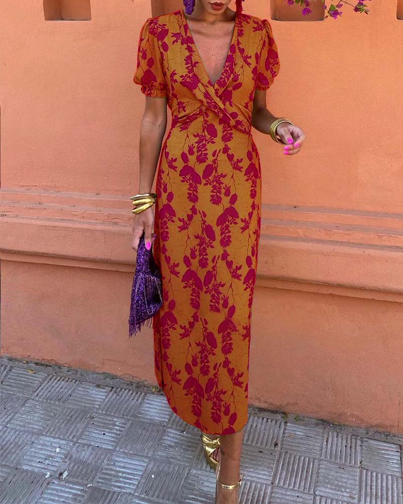 Women's Floral Midi Dress with Puff Sleeves and Draped Waist