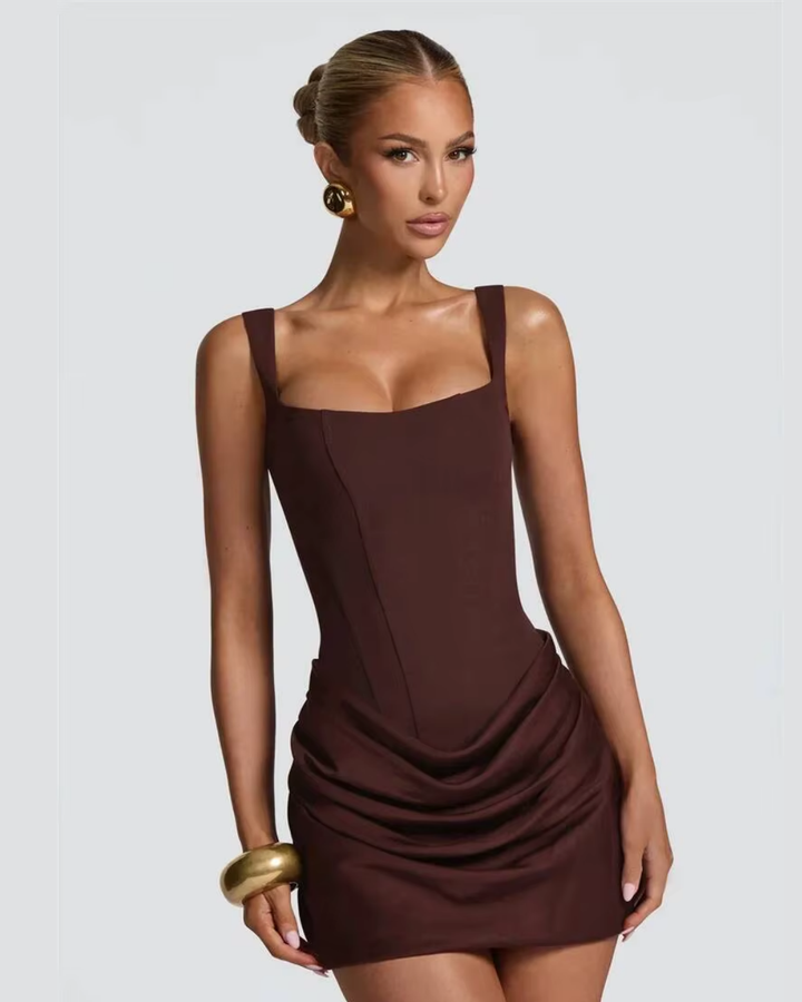 Draped Mini Dress with Square Neck and Ruched Skirt