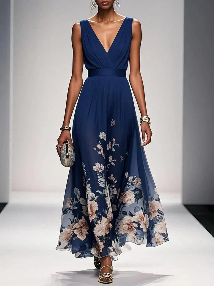 Elegant Floral Women’s Maxi Dress with Pleated Bodice