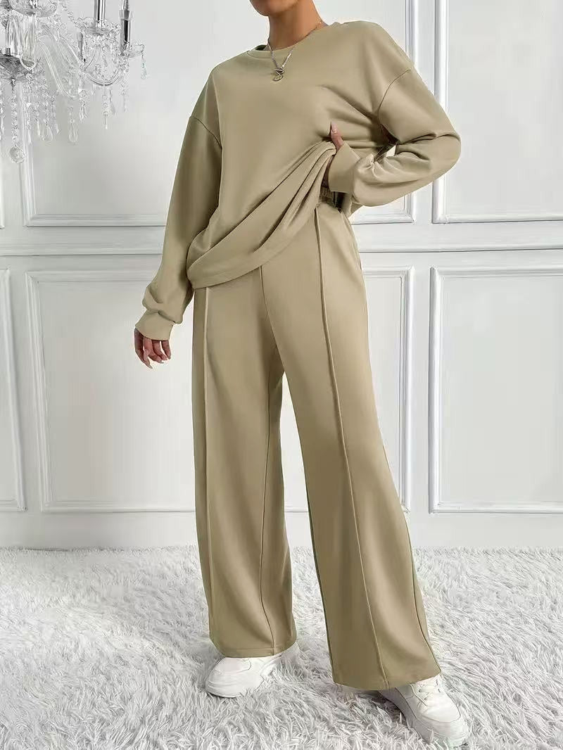 Women's High-Waisted Long Sleeve Two-Piece Set – Beige