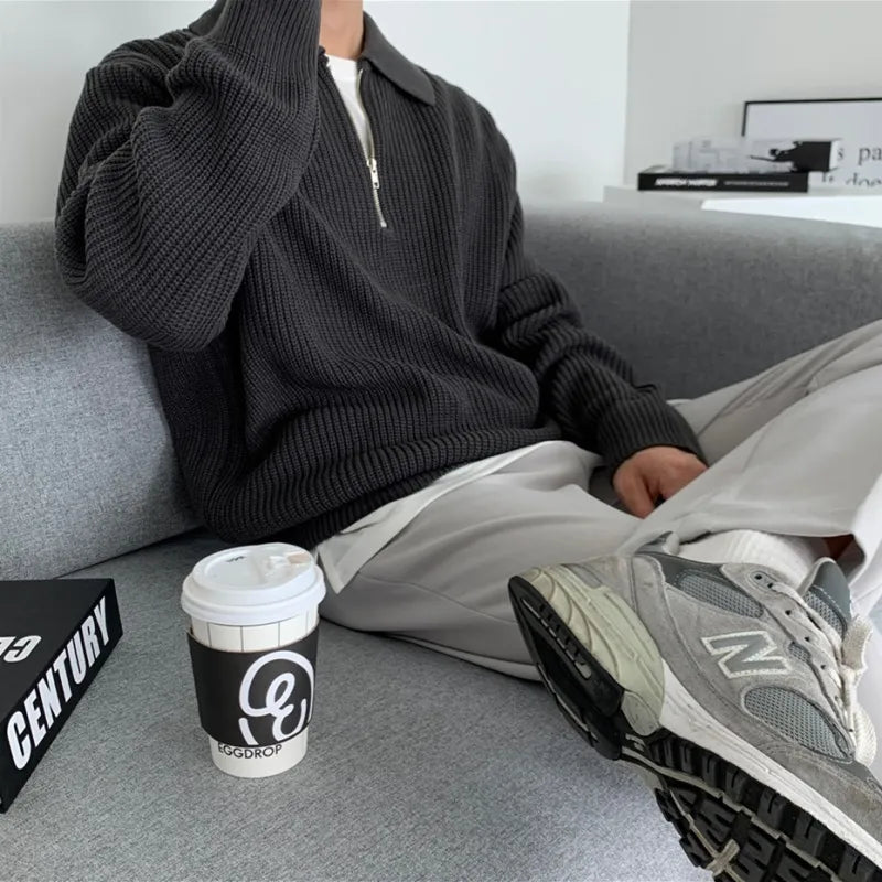 Men's Half-Zip Knitted Jumper with Stand Collar