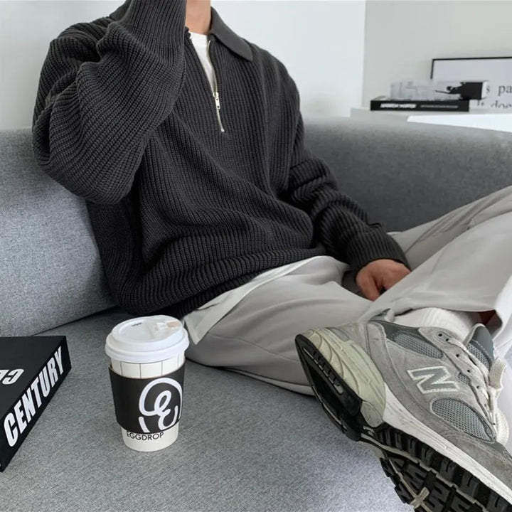 Men's Half-Zip Knitted Jumper with Stand Collar