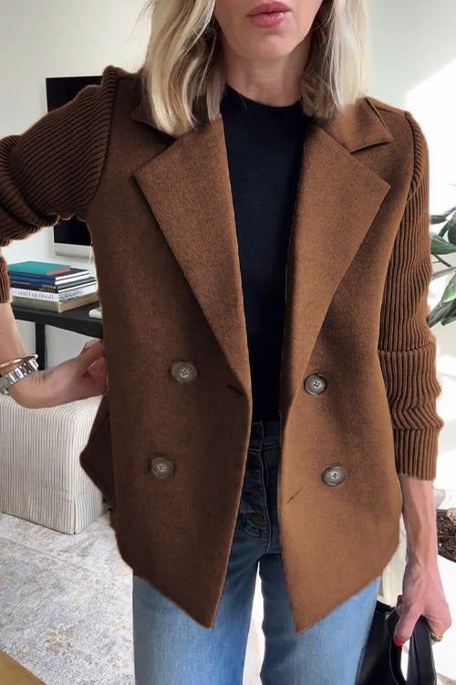 Women's Knitted Ribbed Blazer with a Button Front – Brown