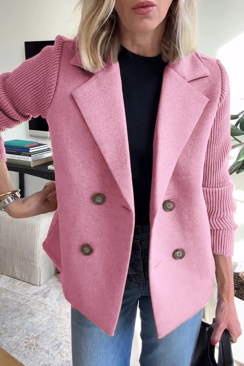 Women's Knitted Ribbed Blazer with a Button Front – Pink