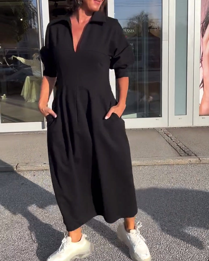 Women's Black Midi Shirt Dress with Pockets