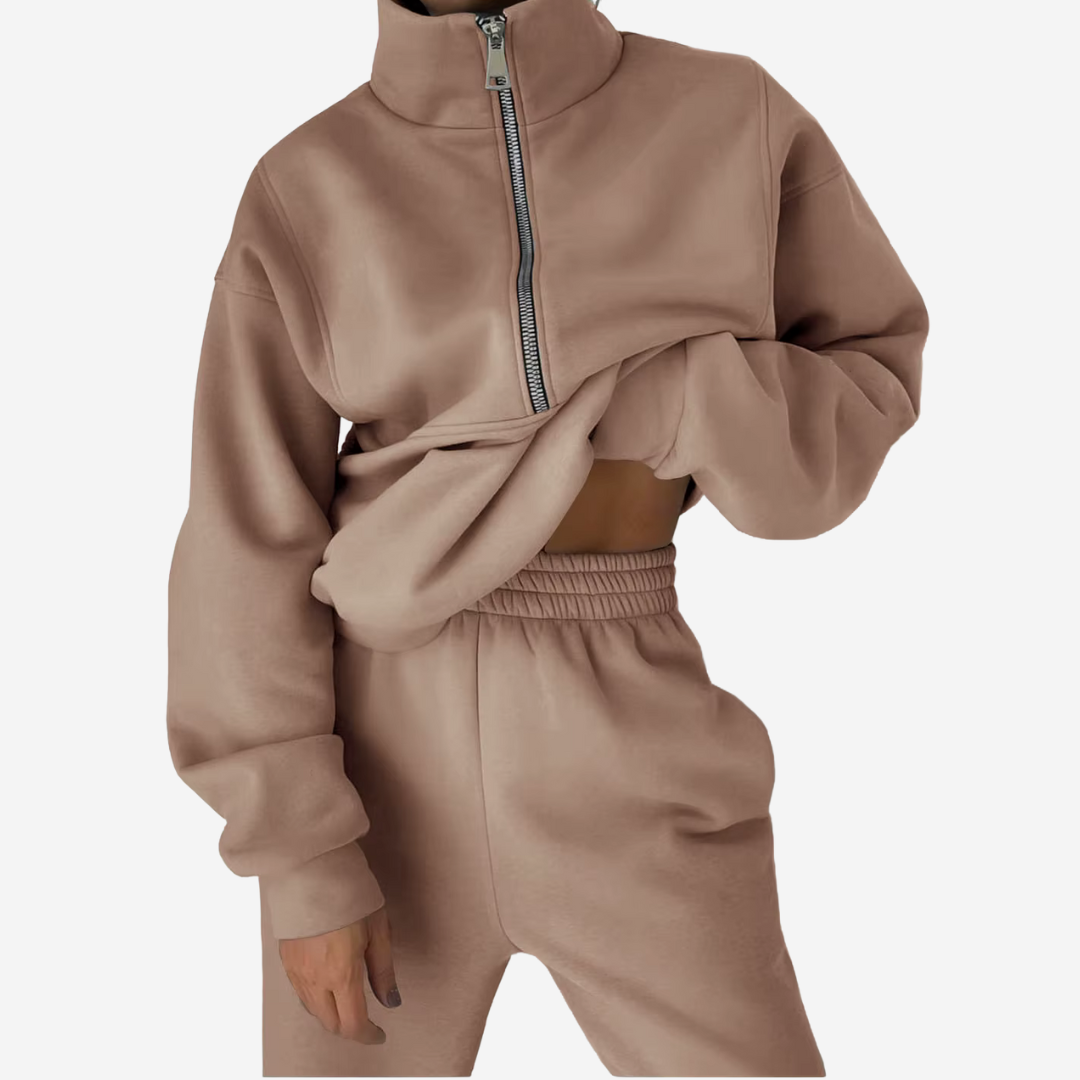 Women's Fleece Long Sleeve Two-Piece Set with Pockets and a Zip – Taupe