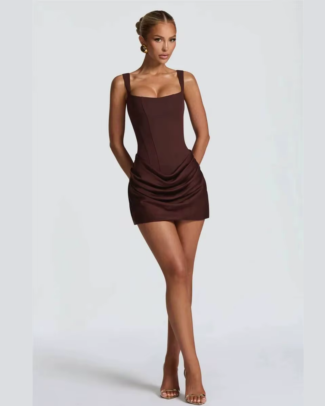 Draped Mini Dress with Square Neck and Ruched Skirt