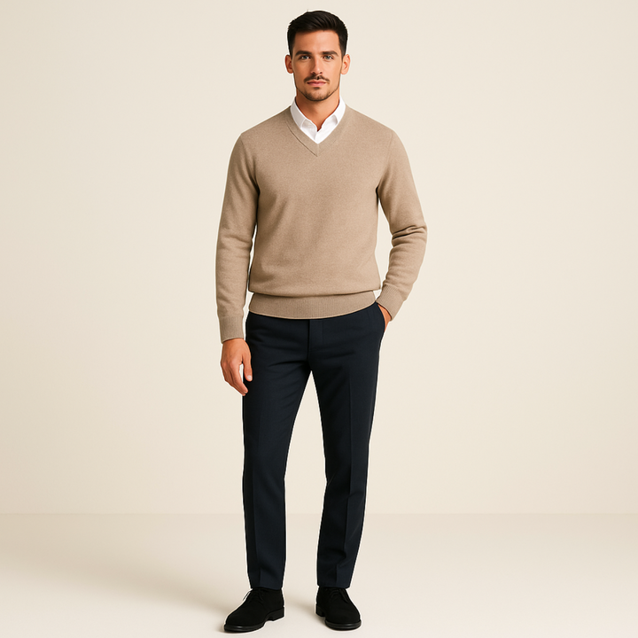 Men's Beige Cashmere Jumper with Relaxed Fit