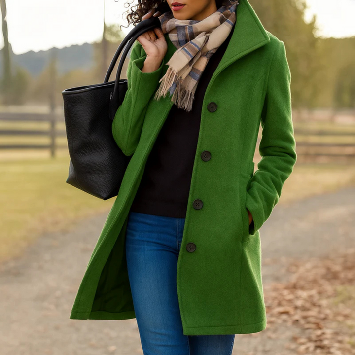 Women's Longline Wool Coat with Tailored Collar – Dark Green