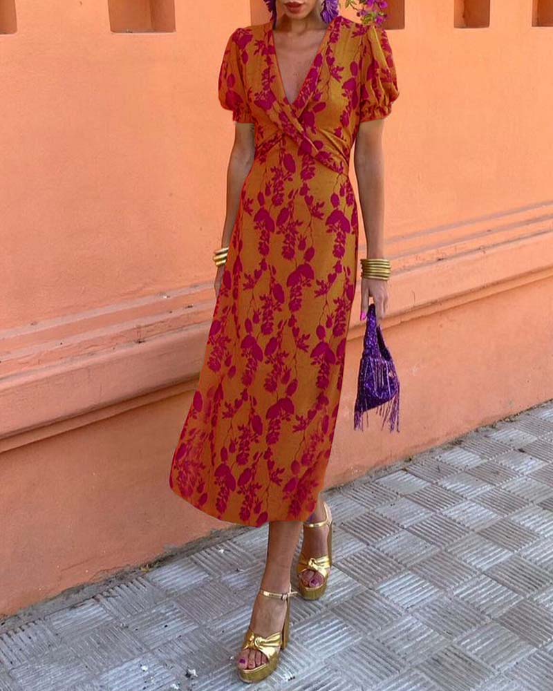 Women's Floral Midi Dress with Puff Sleeves and Draped Waist