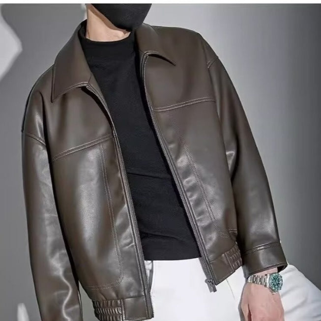 Men's Leather Look Bomber Jacket with Relaxed Fit and Zip Front