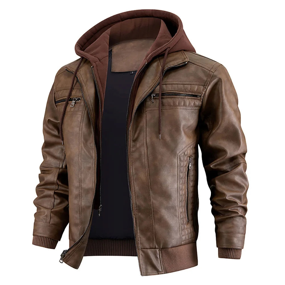 Men's Leather Look Winter Coat with Hood