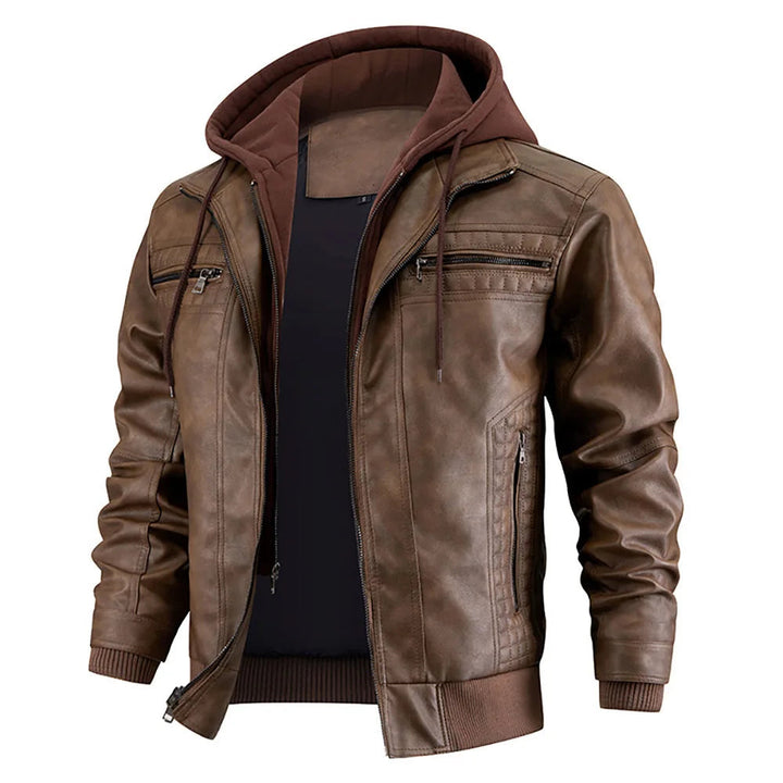 Men's Leather Look Winter Coat with Hood