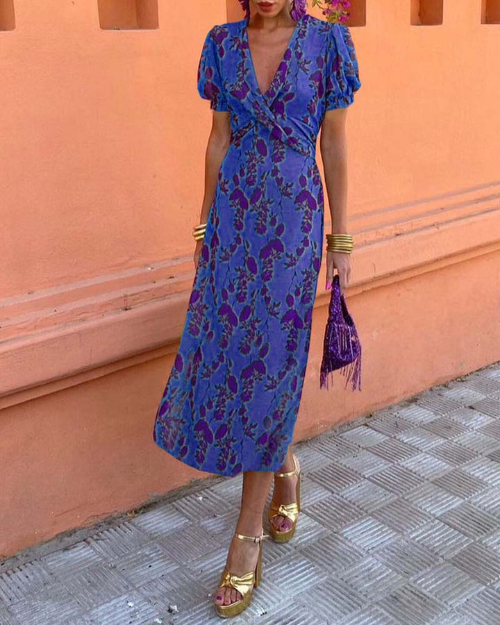 Women's Floral Midi Dress with Puff Sleeves and Draped Waist