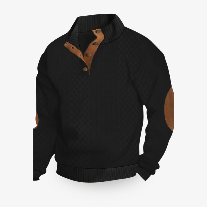 Beige cable knit sweater with leather elbow patches