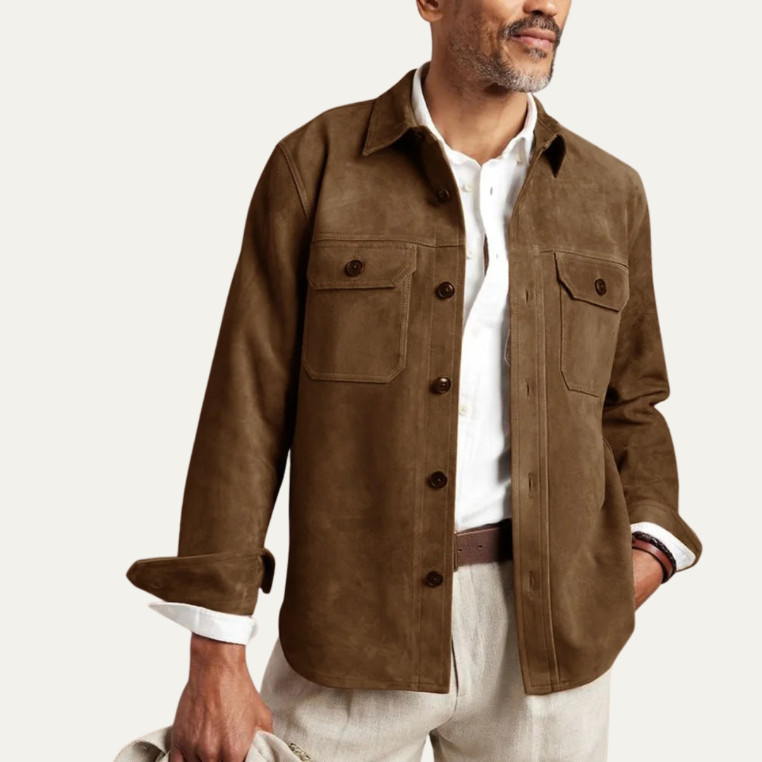 Men's Suede Overshirt with Button Front and Chest Pockets