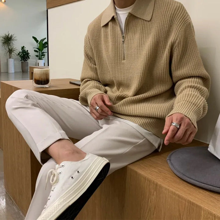 Men's Half-Zip Knitted Jumper with Stand Collar