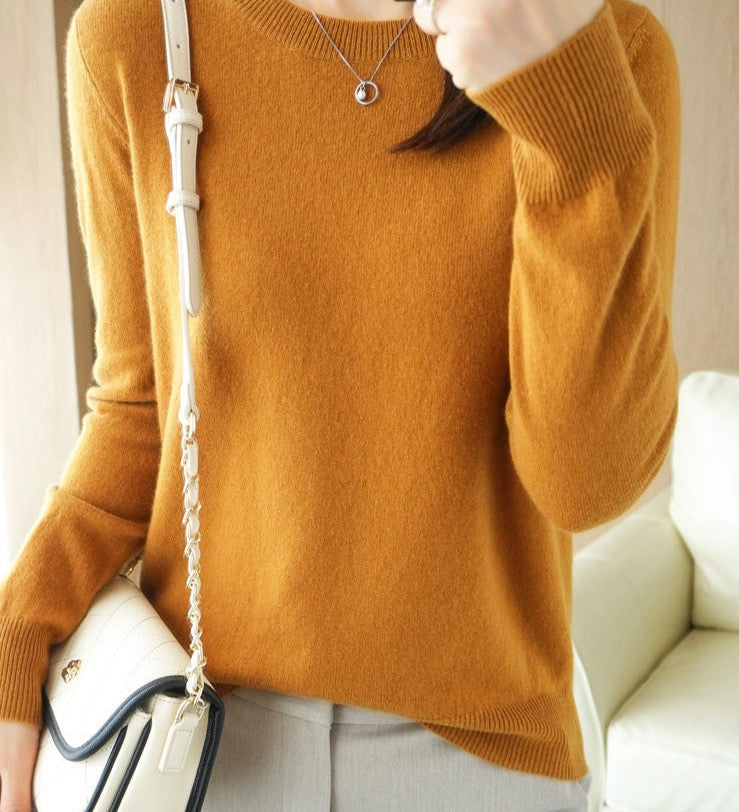 Women's Knitted Crew Neck Jumper with Long Sleeves - Camel