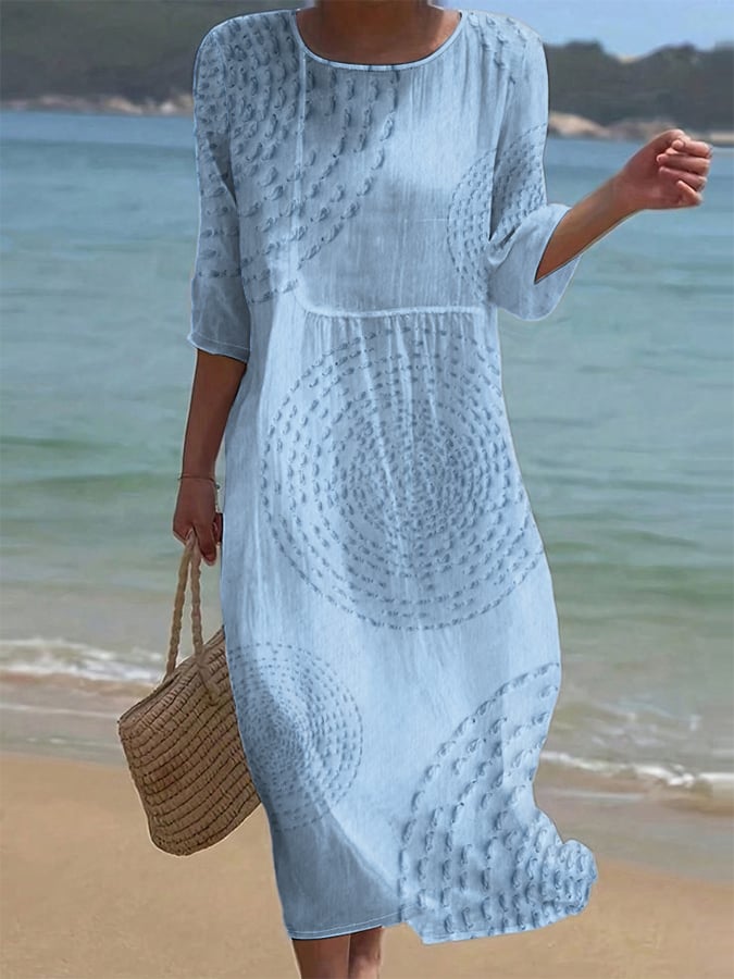 Women's Textured Midi Dress with Crew Neck and 3/4 Sleeves
