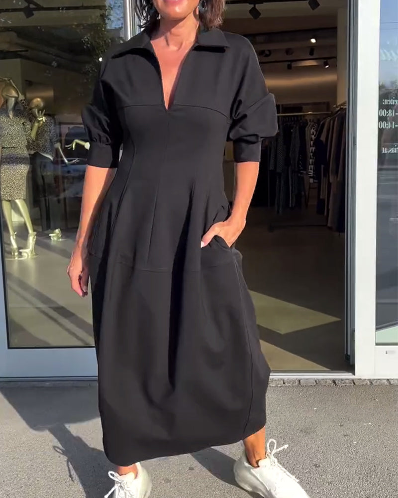 Women's Black Midi Shirt Dress with Pockets
