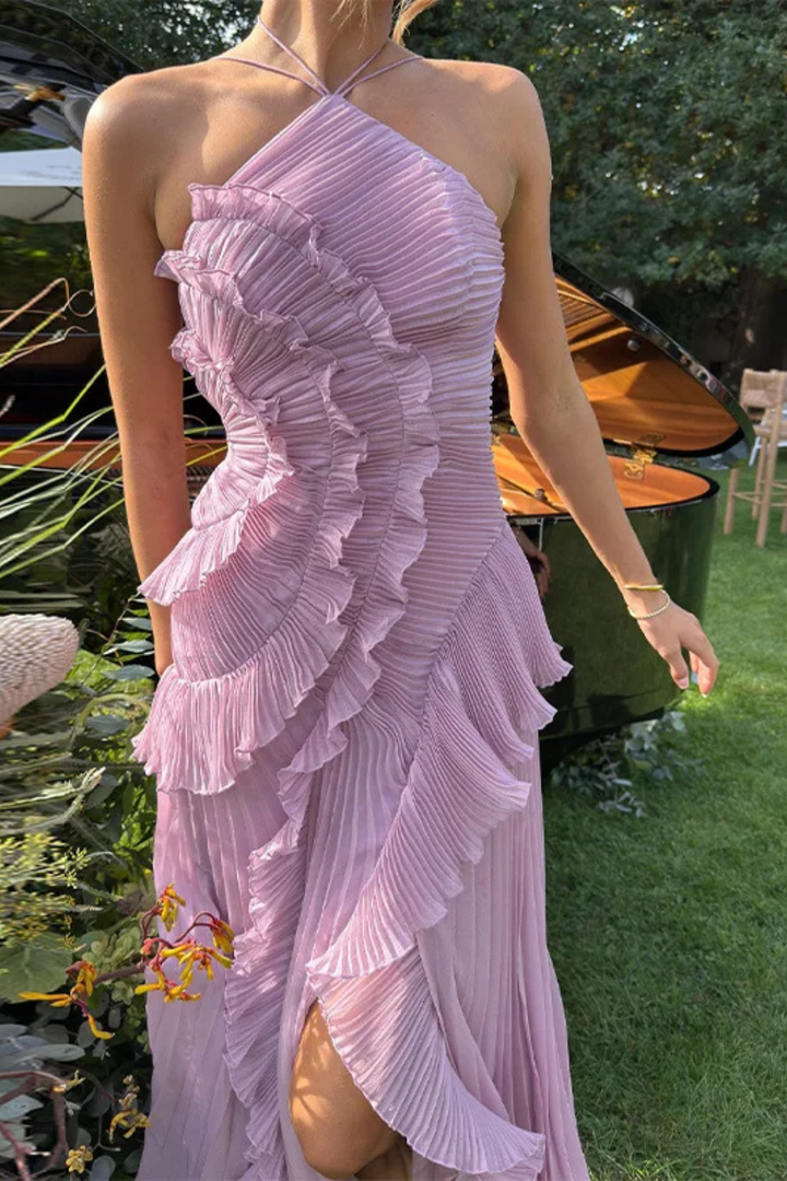 Imogen | Women’s Sleeveless Halter Backless Ruffled Maxi Summer Wedding Guest Dress