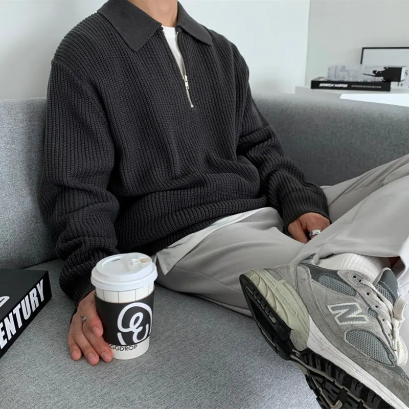 Men's Half-Zip Knitted Jumper with Stand Collar
