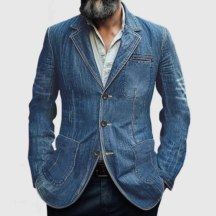 Men's Blazer – Tailored Fit – Denim Look – Single Breasted – Notched Lapels – Casual Style