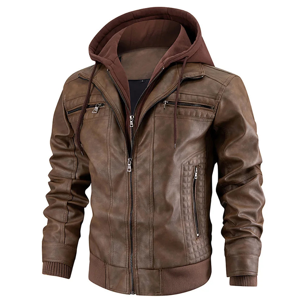 Men's Leather Look Winter Coat with Hood