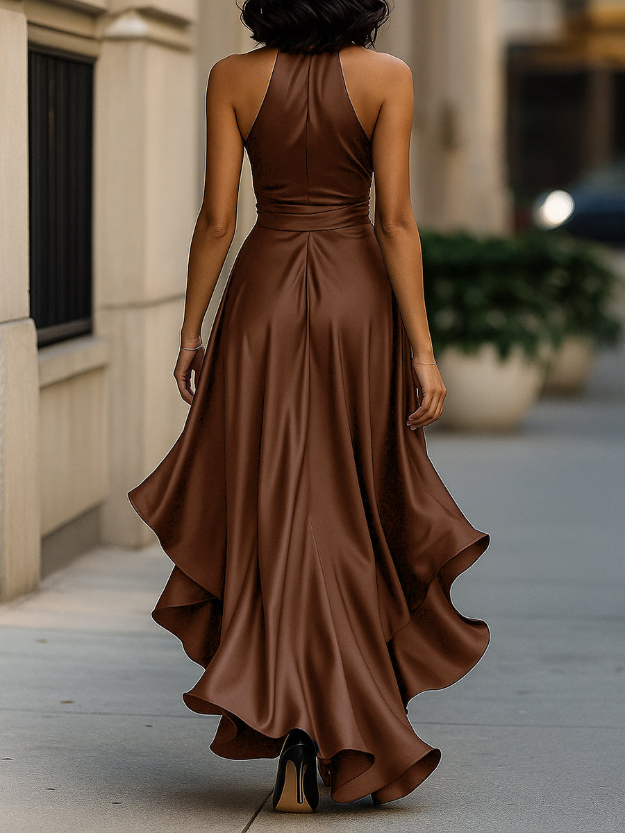 Women's Satin Halter Neck Ruffle Gown with High-Low Hem