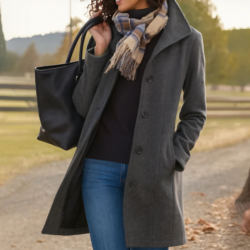 Women's Longline Wool Coat with Tailored Collar – Grey