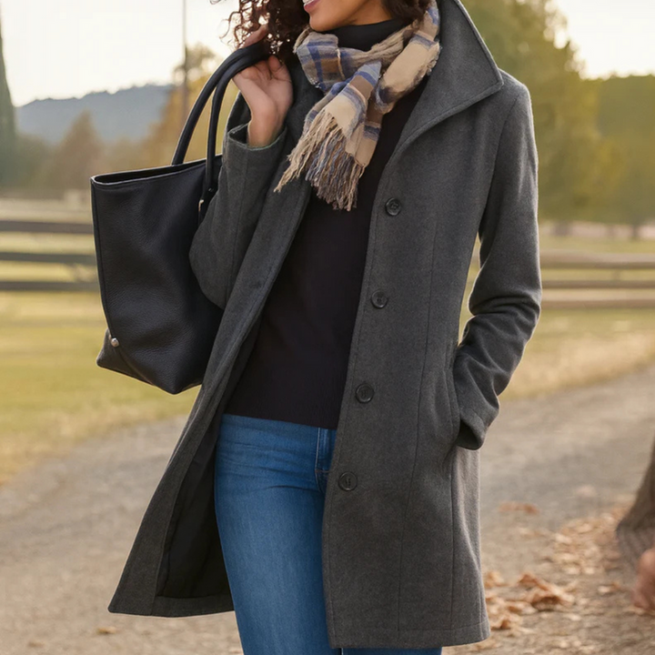 Women's Longline Wool Coat with Tailored Collar – Grey