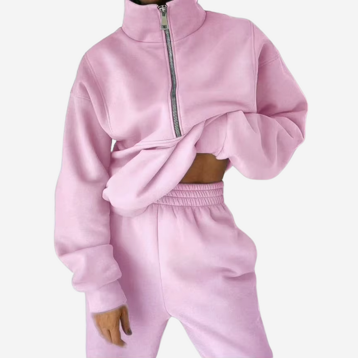 Women's Fleece Long Sleeve Two-Piece Set with Pockets and a Zip
